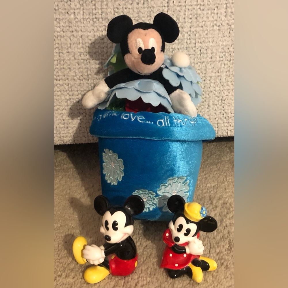 Disney Blue Mickey Mouse Stuffed Toy Pot & Mickey and Minnie Figurines